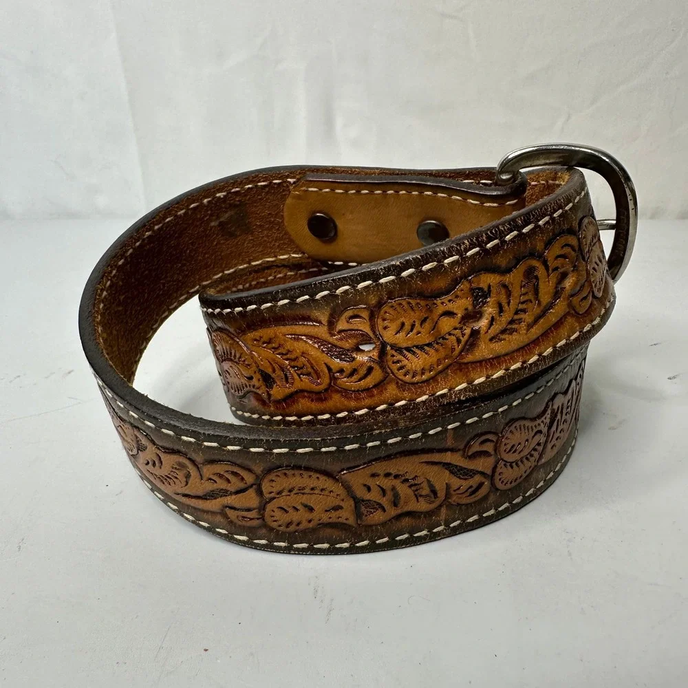 Vintage Hand Tooled Leather Floral Belt Brown Western Boho Silver Buckle 31in
